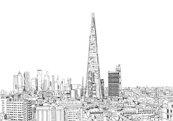 Sketch City of London business area view in 2020. Financial district with banks, office buildings. London, UK