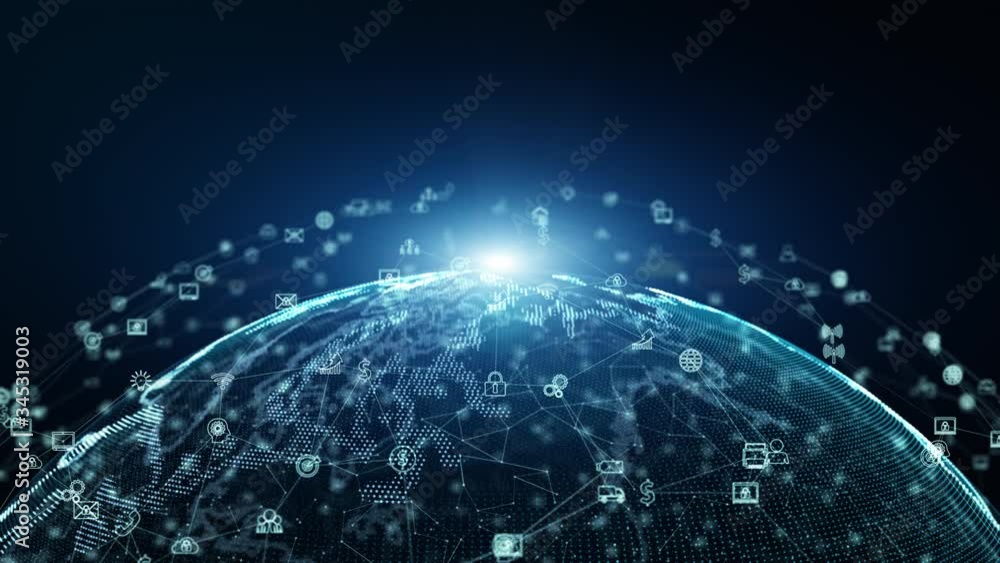 Aufkleber Digital data network connections with icon of global communication. high-speed connection data analysis. Business contacts and network data exchange background concept.