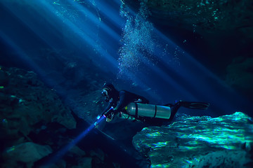 diving in the cenotes, mexico, dangerous caves diving on the yucatan, dark cavern landscape...
