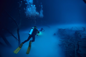 cenote angelita, mexico, cave diving, extreme adventure underwater, landscape under water fog