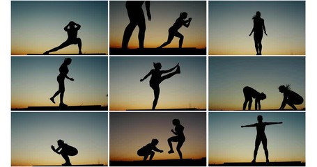Collage of videos with silhouettes of unrecognizable female athletes performing various exercises against sunset sky during fitness training