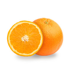 Whole and cut orange fruit isolated on white background with clipping path, food concept. Juicy and sweet and renowned for its concentration of vitamin C