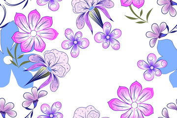 Cute floral seamless pattern, set of fantasy flowers of modern coloring on a white background, vector illustration for fabric design, wallpaper.