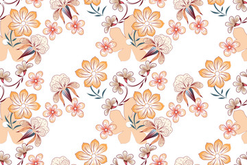 Fototapeta premium Cute floral seamless pattern, set of fantasy flowers in warm colorite on a white background, vector illustration for fabric design, wallpaper.