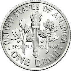 American money Roosevelt dime, United States one dime or 10-cent silver coin, olive branch, torch, oak branch on reverse