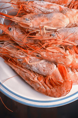 frozen king prawns, macro background seafood, fresh red prawns