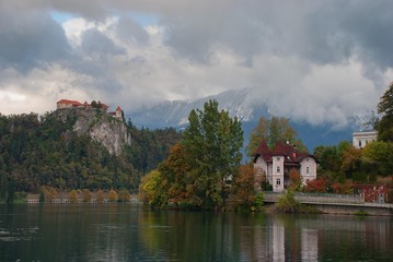 Fototapeta na wymiar The picturesque island in the middle of Lake Bled, Slovenia
