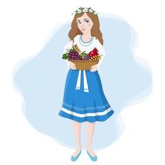 Cute Girl holding a basket of traditional fruits, vegetables and crops, seven species. Shavuot holiday concepts in flat cartoon style. Young woman with basket, carrying wheat ears for harvest festival