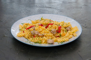 Italian pasta with meat, cheese, spices, parsley and red tomato sauce. Gourmet traditional food