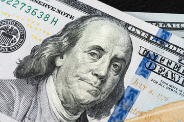Close-up of new hundred dollar banknote.