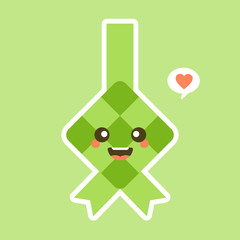 cute and kawaii rice dumpling or ketupat icon in flat design isolated on green background. eid mubarak vector illustration. 