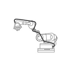 Industrial robot machine for the production of equipment and goods. Automated factory equipment vector linear style illustration