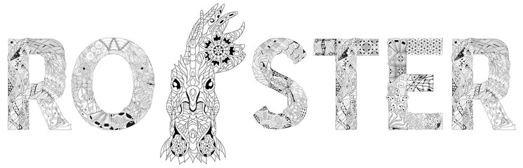 Word rooster with bird head. Vector zentangle object for coloring