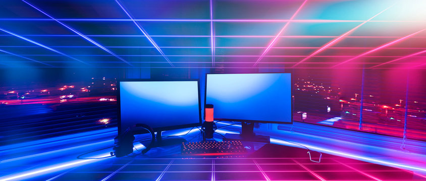 Room with neon lights. Game Zone. Interior for computer games