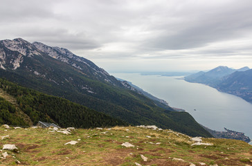 View  from the heights of Monte Baldo on the Alpine mountains and Lake Garda in Veneto, northern Italy