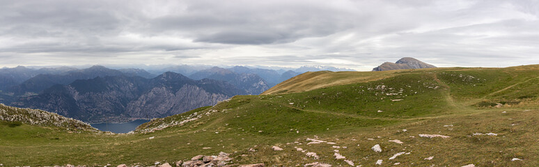 Fototapeta premium View from the heights of Monte Baldo on the Alpine mountains and Lake Garda in Veneto, northern Italy