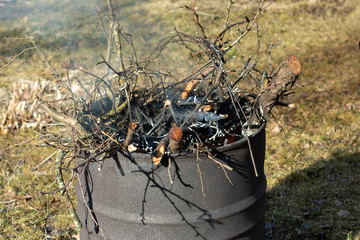 Tree branches burn in the old metal rusty bokeh in the garden