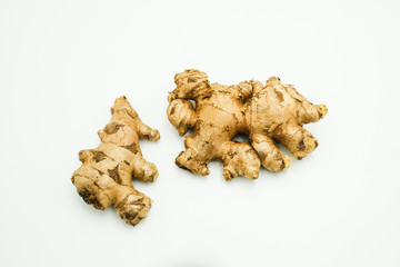 Ginger or Zingiber officinale shots on isolated white background.