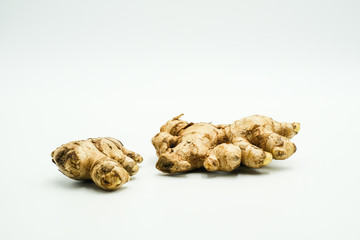 Ginger or Zingiber officinale shots on isolated white background.