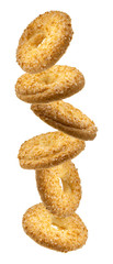 Flying butter cookies isolated on white background, flying biscuits collection
