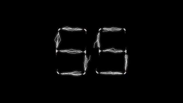 Lightning digital clock countdown video. A timer from 59 to 0. Numbers are made of electric discharges. Isolated background