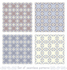 Set of seamless patterns retro, vintage. Chocolate color, blue, blue jean and pale yellow. Pastel colors.