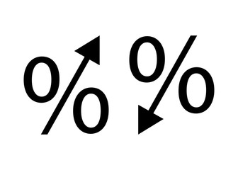 Percent growth and reduction black icons. Cost rate and interest vector icons on white background. Banking concept.