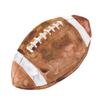 Hand-drawn watercolor illustration: American football ball isolated on white background.