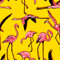 Hand drawn vector seamless pattern of beautiful flamingos. Realistic ink exotic birds background. Vintage tropical colorful wallpaper. Gentle surface design for wrap, textile, postcard, print, fabric.