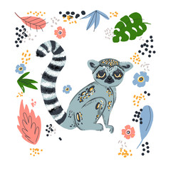 Cute funny ring-tailed lemur and tropical plant. Madagascar exotic Lemur catta. Vector illustration in flat and cartoon style on white background and floral doodle elements
