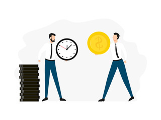 Exchange time with money. Business concept vector illustration isolated on white background. Worker give his money and receive time. 