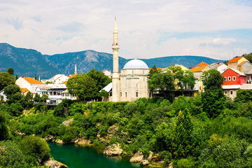 Sunrise over Mostar Old Town and Neretva river, Bosnia and Herzegovina