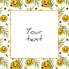 Obraz premium Halloween square frame; scary pumpkins and autumn branches; halloween frame for greeting cards, invitations, posters, banners, packaging.