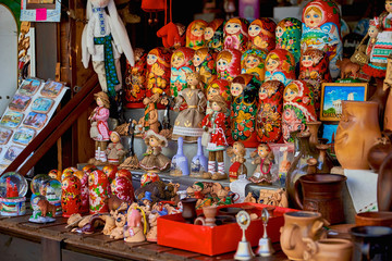 Belarus, Minsk, August 2019. A small street shop selling Souvenirs. A large assortment of Souvenirs.
