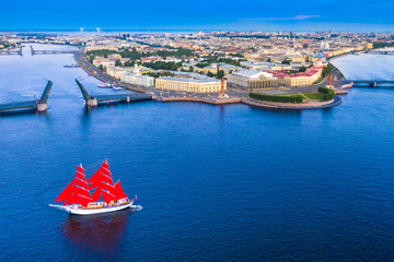 Saint Petersburg. Russia. A ship with scarlet sails on the Neva. Rivers Of St. Petersburg....