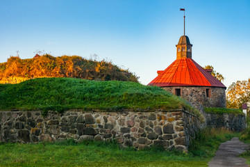 Karelia. Leningrad region. Stone walls and tower of fortress Korela. Stone fortress in Karelia....