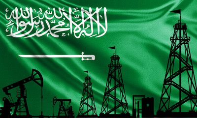 Oil rigs on the background of the flag of Saudi Arabia. The main oil-producing countries. The OPEC...