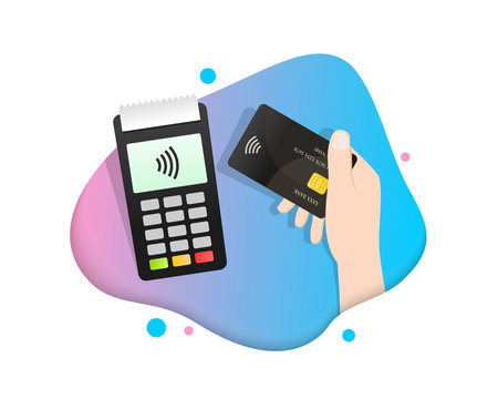 Contactless payment, hand holding credit or debit card close to the POS (Point Of Sale) terminal to pay. Flat illustration with gradient colors.