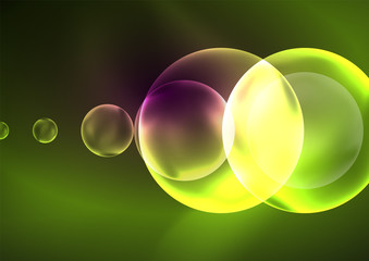 Glowing neon shiny transparent bubbles, glass circles or bio cell concept. Techno futuristic vector abstract background For Wallpaper, Banner, Background, Card, Book Illustration, landing page