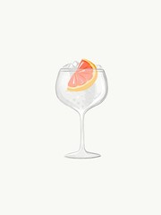 Hand drawn illustration of a large balloon glass gin and tonic served with ice refreshing bubbly tonic water and a slice of pink grapefruit.   - obrazy, fototapety, plakaty