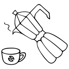 Geyser coffee maker and mug. Pour hot coffee into a coffee bean print cup. Utensils for morning coffee. Vector illustration in doodle style. Contour on an isolated white background. Sketch.