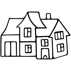 Cottage. Domestic office. Cozy place of residence. Modern mansion. Stay at home. Vector illustration in doodle style. Contour on an isolated white background. Sketch. Illustration for web design. 
