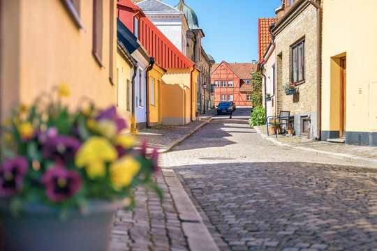 Typical architectural street scene from the small Swedish city Ystad in south Sweden.