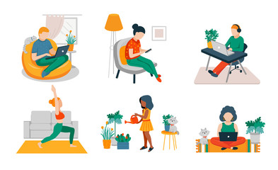 People rest and work at home. Man and woman freelancers working on computers and engaged in a daily routine. Quarantine. Vector flat illustration.