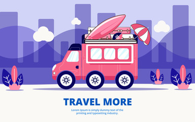 Travel by bus, Travel and Tourism flat vector background.