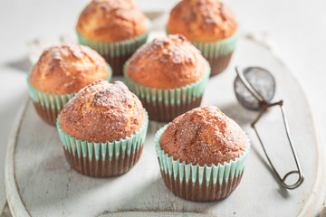 Sweet and hot vanilla cupcakes with powdered sugar