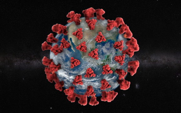 Illustration Of Global Pandemic, Planet Earth Covered With Covid 19 Virus Spike Proteins. 3d Rendering