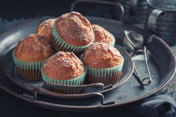 Gold and tasty yogurt muffins on rustic dark table