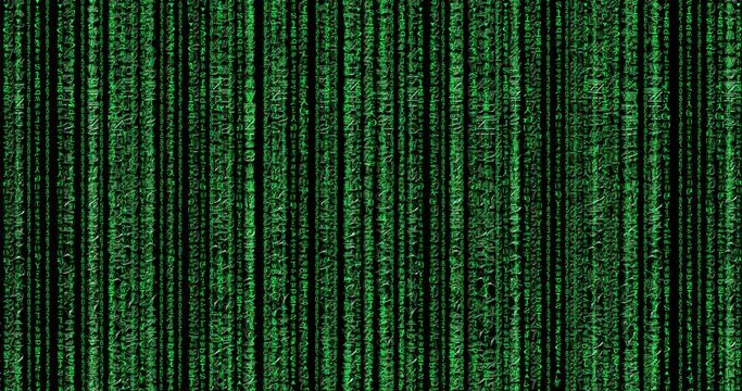 Abstract background from randomly moving numbers and strange characters and signs. Binary code on the screen. Computer system error, virus, hacking. Matrix Rows. 4K video animation.