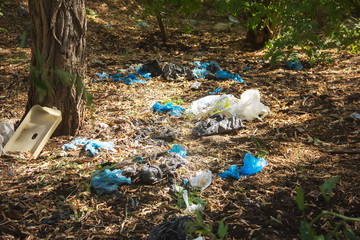 environmental pollution by plastic. Ecological catastrophy. Fight and ban on plastic.